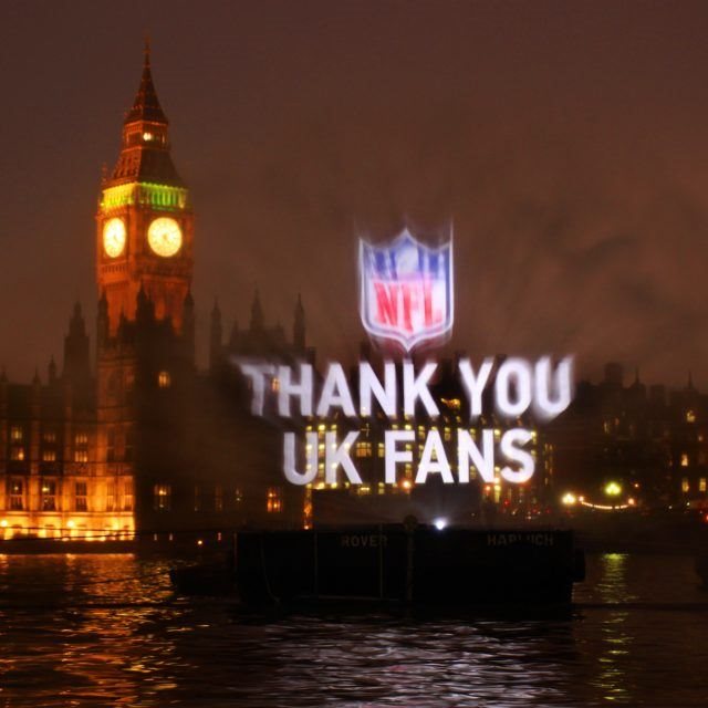 FLOATING WATER PROJECTION SCREEN ON RIVER THAMES, LONDON FOR THE NFL
