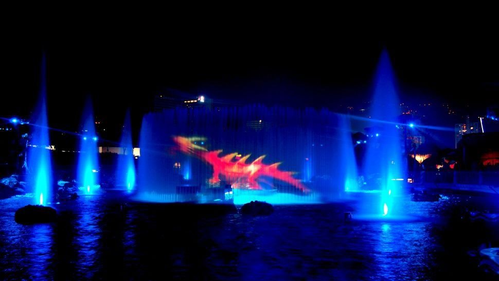 LCI production's symbio water show at ocean park including 360 water screen projection dragon