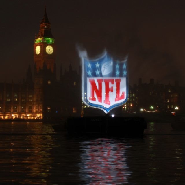 FLOATING WATER PROJECTION SCREEN ON RIVER THAMES, LONDON FOR THE NFL