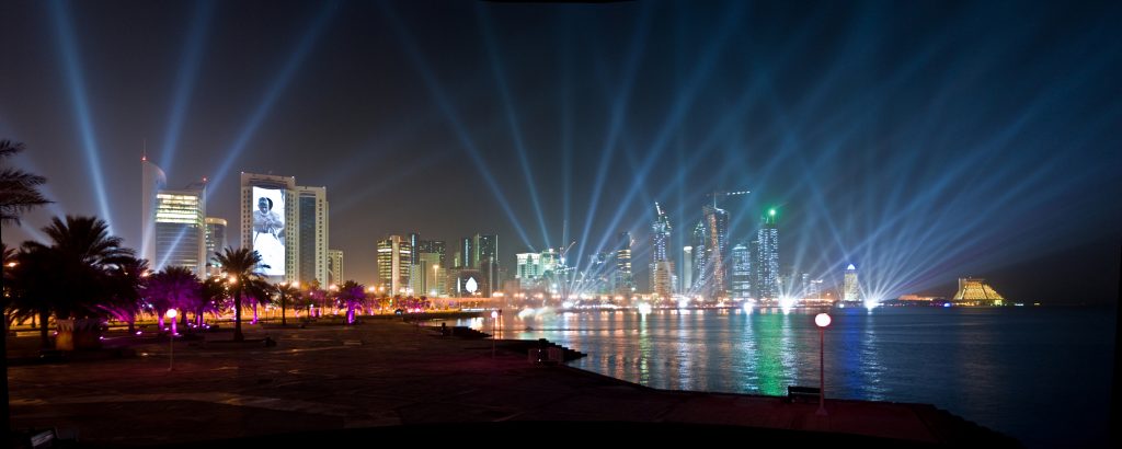 LCI - Qatar National Day _Water Screens, building projection, searchlights event production