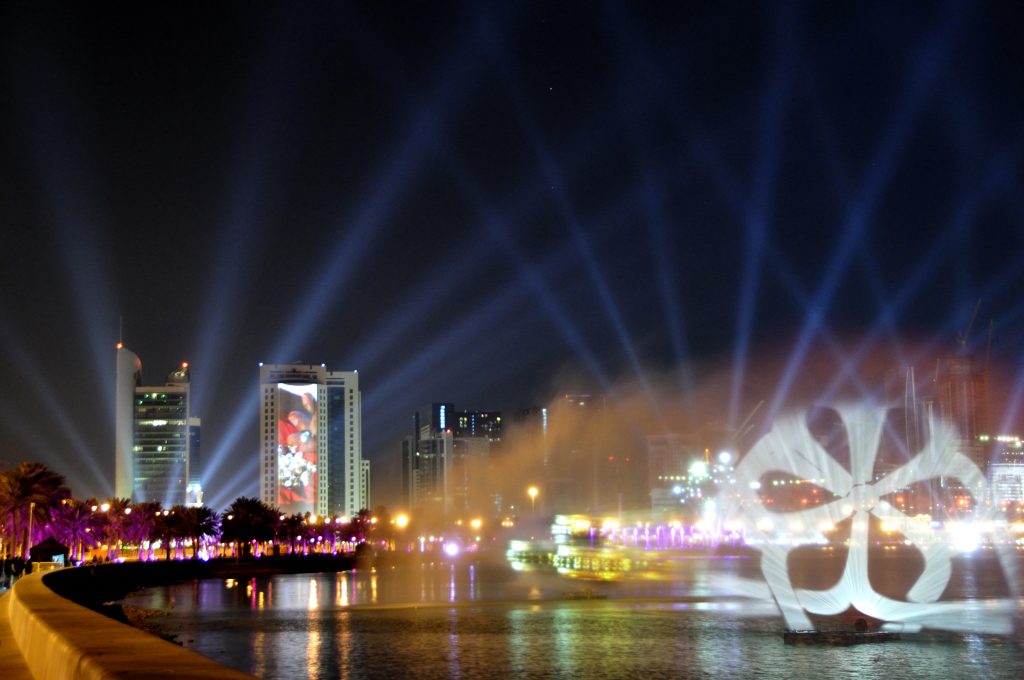 LCI - Qatar National Day _Water Screens, building projection, searchlights event production