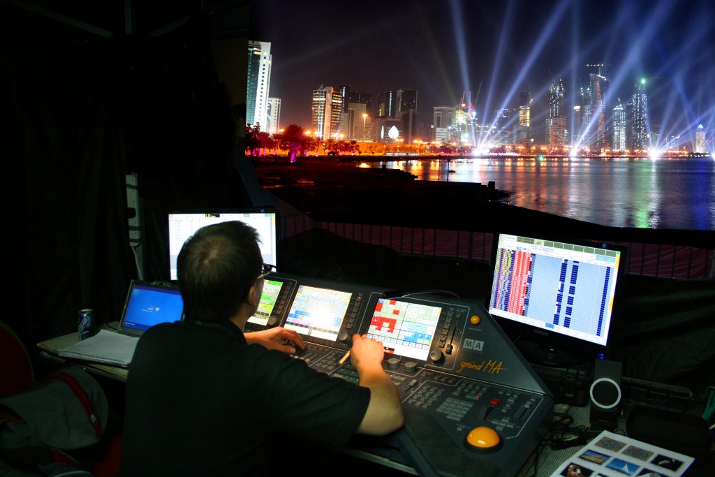 LCI - Qatar National Day _Water Screens, building projection, searchlights event production