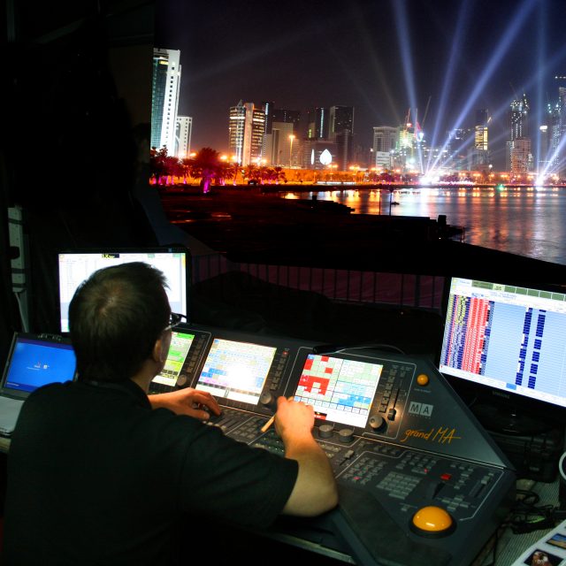 LCI - Qatar National Day _Water Screens, building projection, searchlights event production