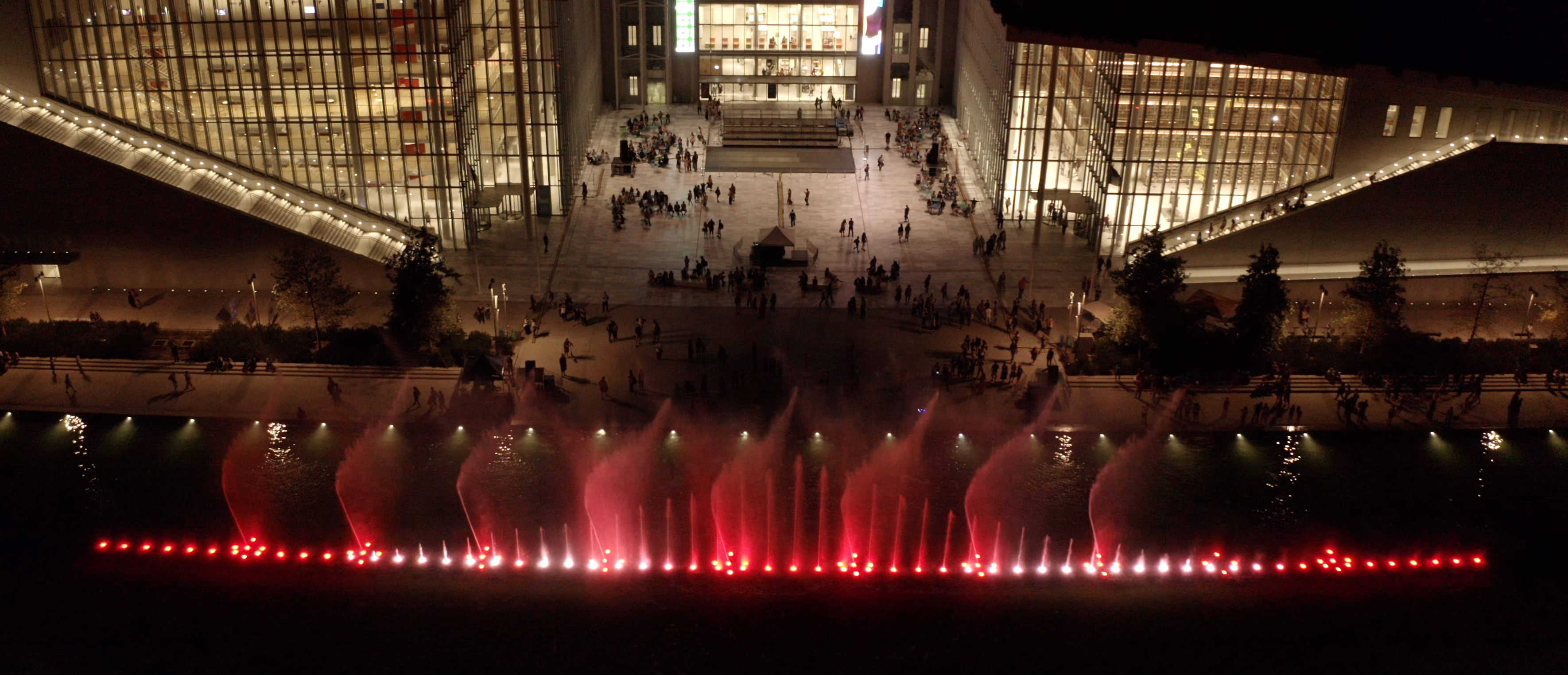 SNFCC fountains by LCI in red drone photo