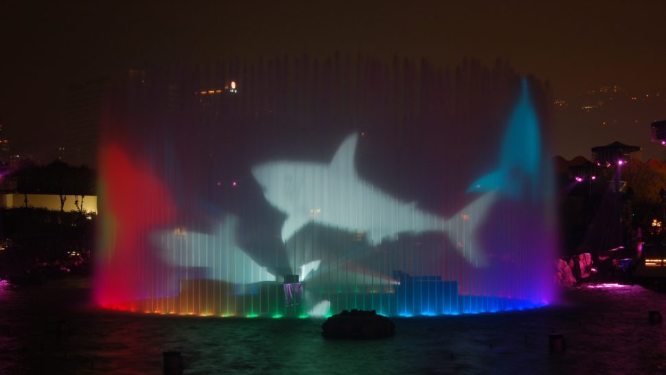 shark projection jet water screen fountain symbio, ocean park by LCI