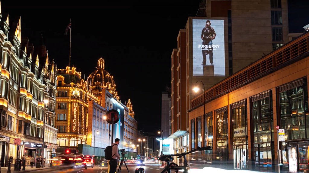 burberry guerilla projection - large building projection from across streetadvertising lci productions